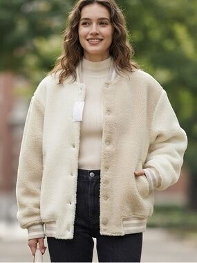 NWT MNML Oversized Cream Teddy Sherpa Fleece Varsity/Bomber Jacket Size Medium